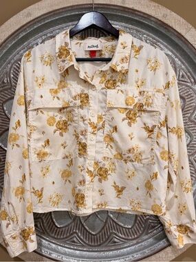 Woolrich Cream Cropped Button-Down Utility Shirt with Yellow Floral Print
